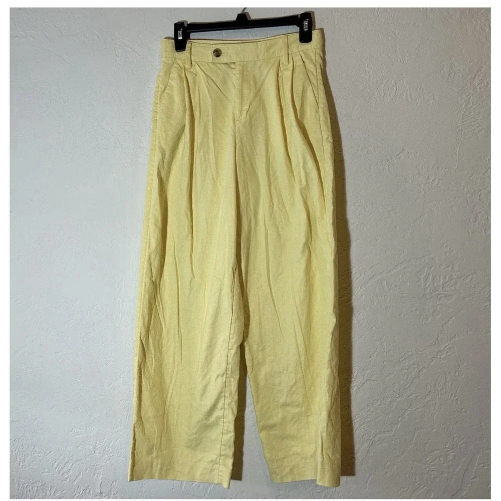Banana Republic Trousers Linen Blend Pleated Wide Leg Womens 12 P Yellow Maize